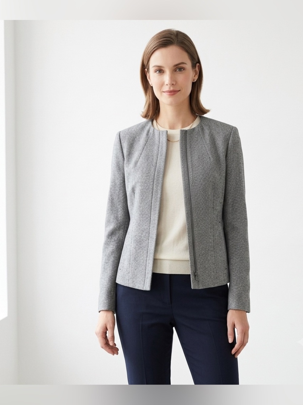 Theory Black & White Herringbone Viscose Wool Blend Collarless Blazer Small